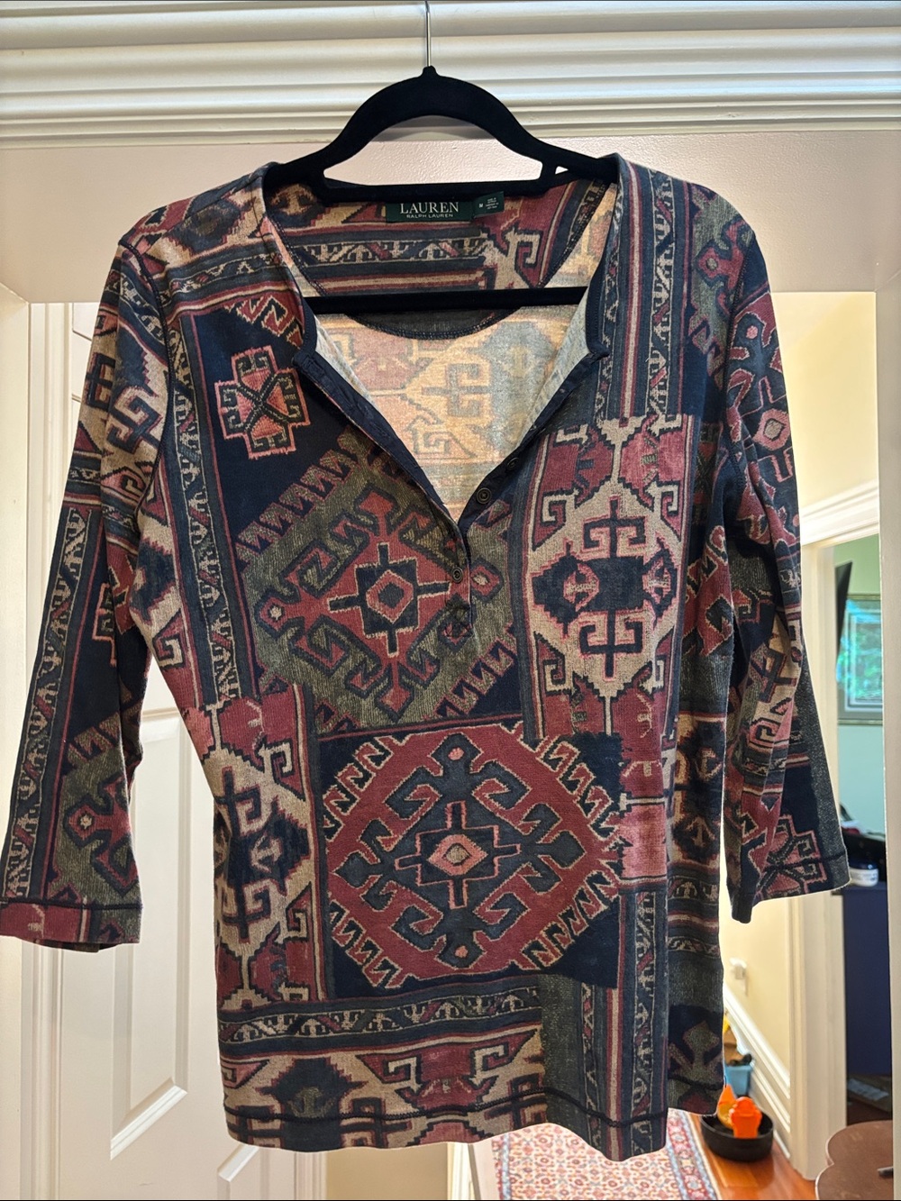 Lauren Ralph Lauren Multicolor Patchwork Henley Top - Navy, Burgundy, Olive